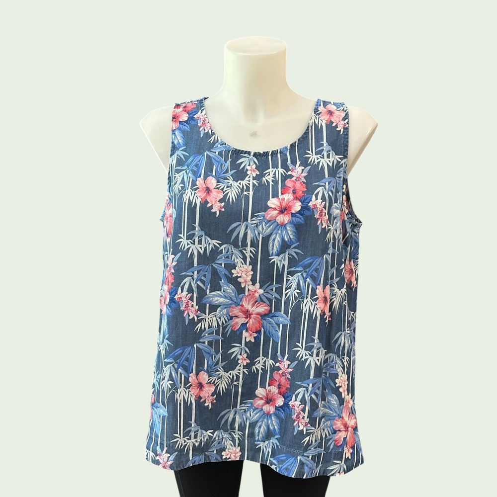 Tommy Bahama Blue Hibiscus Bamboo Floral Sleeveless Lyocell Top sz S